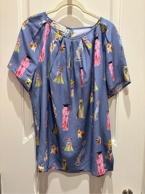 Women’s Blue Novelty Dog Print Pleated Blouse